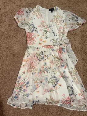 Trixxi White Floral Wrap Midi Dress with Pink, Blue & Green Accents